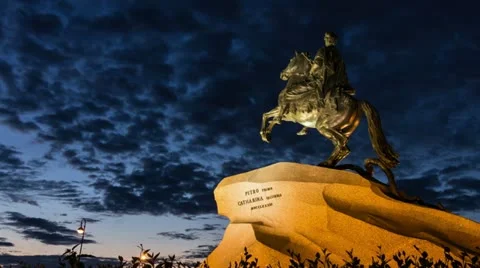ZOOM: Peter The Great Statue at night, St. Petersburg, Russia (timelapse) Stock Footage 11340442