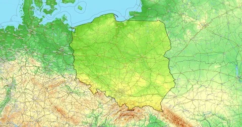 Zoom to Poland Map. Cities, State Borders, Main Roads, Elevation Data. Stock Footage 105284002