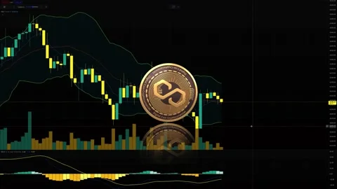 Zoom in of a polygon matic crypto token coin symbol on a growing trading chart Stock Footage 162869646