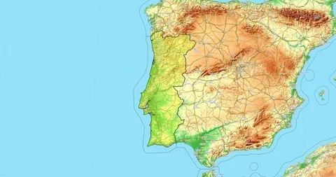 Zoom to Portugal Map. Cities, State Borders, Main Roads, Elevation Data. Stock Footage 105230916