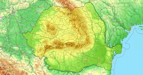 Zoom to Romania Map. Cities, State Borders, Main Roads, Elevation Data. Video stock 105322330