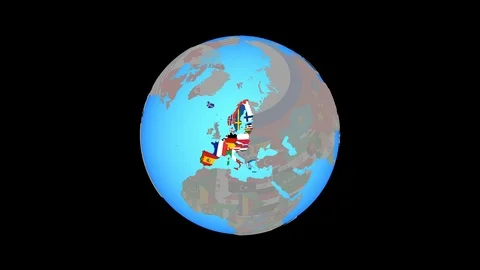 Zoom to Schengen Area members with flags on map Video stock 99817114