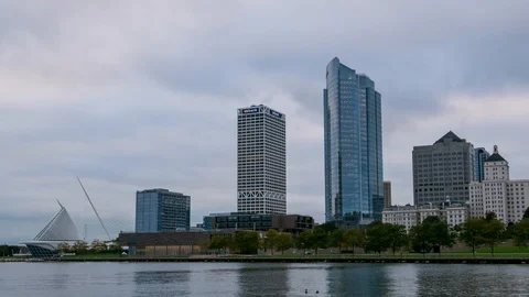Zoom Shot Cloudy Sunset Time Lapse of Milwaukee Skyline Stock Footage 98800395