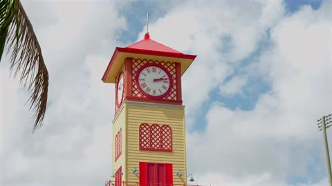 Zoom In Shot Of Red And Beige Clock Tower At Lauderhill Sports Complex, Florida Stock Footage 339064853