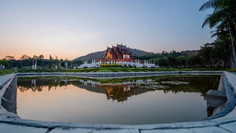Zoom in shot of Time Lapse sunset at The Royal Pavilion in Chiang Mai Thailand Stock Footage 121926974