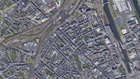 Zoom in from space and focus on Germany, Neuss. 3D Animation. Stock Footage 153140094