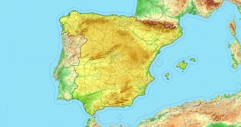 Zoom to Spain Map. Cities, State Borders, Main Roads, Elevation Data. Stock Footage 105175742