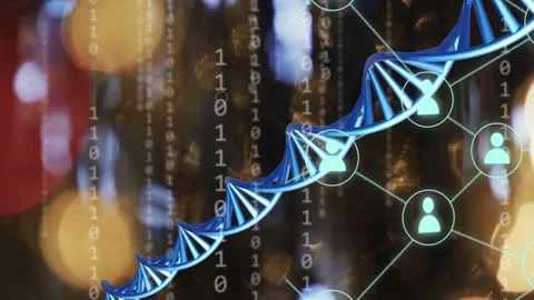 Zoom starting blue DNA helix moving turning up-right while binary code linking Stock Footage 334729254