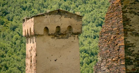 Zoom from Stone medieval Svaneti tower houses of Upper Svaneti, Mestia, Georgia. Stock Footage 104386285