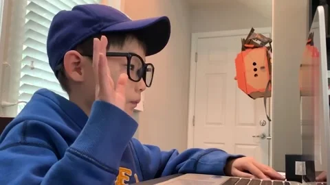 ZOOM student. Online Distance learning. Happy and curious elementary aged Stock Footage 149274723