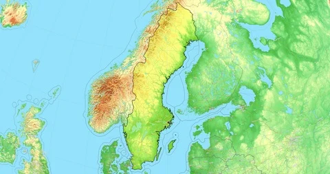 Zoom to Sweden Map. Cities, State Borders, Main Roads, Elevation Data. Stock Footage 105331754