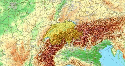 Zoom to Switzerland Map. Cities, State Borders, Main Roads, Elevation Data. Stock Footage 105205825