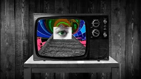Zoom then fixed shot on retro TV, pyramid eye conspiracy imagery Stock Footage 119346451