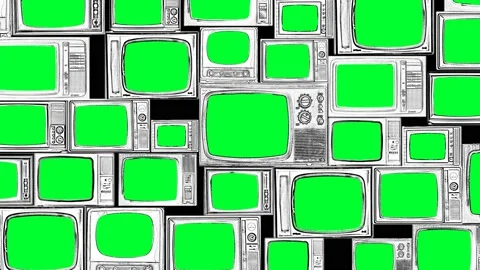 Zoom in then fixed shot on a wall of multiple green screen retro vintage TV Stock Footage 126707219