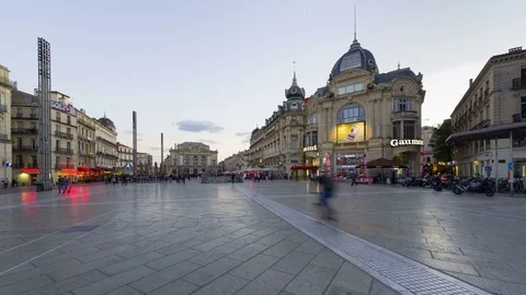 Zoom in timelapse of the night Place de la Comédie square in Montpellier Stock Footage 74650388