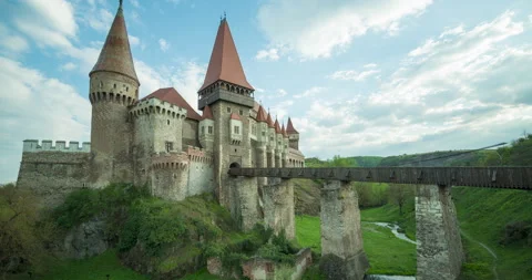 Zoom in Timelapse view of medieval Hunyad / Corvin's Castle landmark. Romania Stock Footage 220103224
