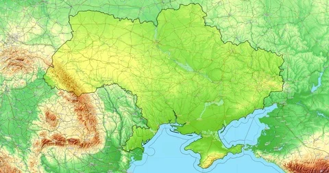 Zoom to Ukraine Map. Cities, State Borders, Main Roads, Elevation Data. Stockbeeldmateriaal 105326315