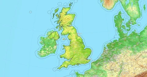 Zoom to United Kingdom Map. Cities, State Borders, Main Roads, Elevation Data. Video stock 105290847