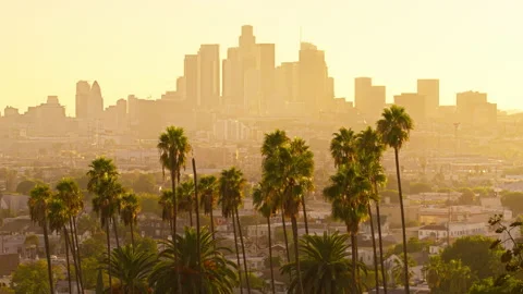 Zoom in urban view beautiful scenic downtown Los Angeles on golden sky sunny day Vidéo 216986303