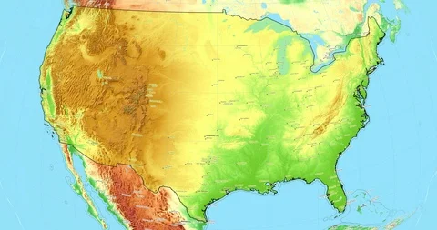 Zoom to USA Map. Cities, State Borders, Main Roads, Elevation Data. Stock Footage 105889364
