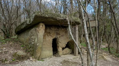 Zoom-in view of Ancient Dolmen in the forest. Stock Footage 142563073