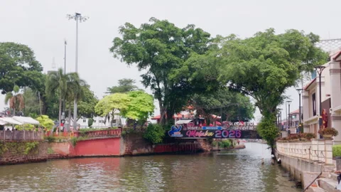 Zoomed Shot of Malacca River and Tan Kim Seng Bridge Stock Footage 345129114