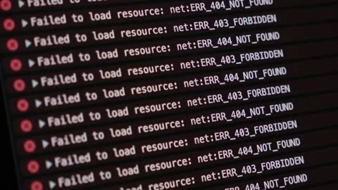 Zoomed view of browser console with multiple network errors including 404 n.. Stock Footage 304804537