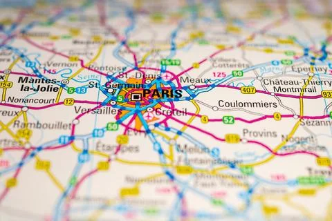 Zoomed in view of Paris on road map. Stock Photos