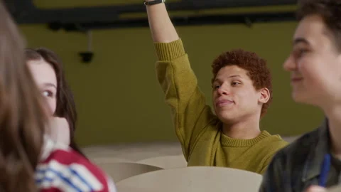 Zoomer Raising Hand to Ask Question during Lecture with Peers in University Stock Footage 311922559