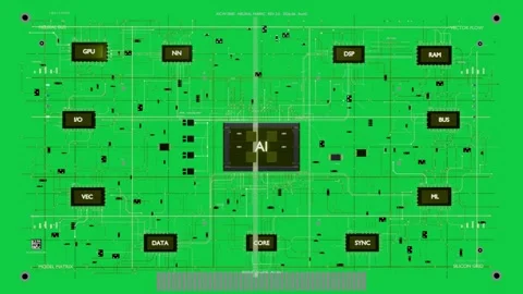 Zooming in AI core linking modules scan column scanning revealing system map Stock Footage 337173214