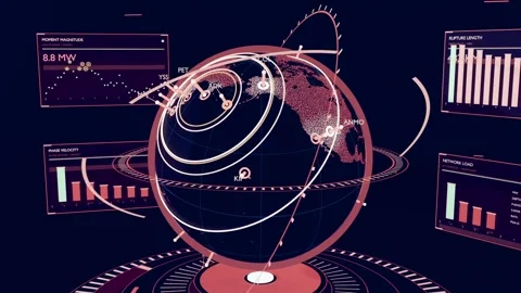 Zooming camera showing 3D globe in virtual hub tracking with rings pulsing nodes Stock Footage 341865016