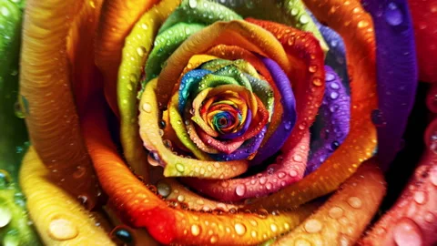 Zooming on the colored rose bud. Close-up of a rotating rosebud with water dropl Video stock 241520436