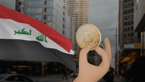 Zooming in on golden bitcoin held by hand, with a waving Iraq flag Stock Footage 296158317