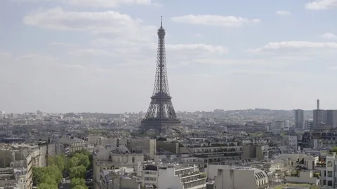 Zooming out Eiffel Tower to city - high view of Paris France in 4K and 1080 HD Stock-Footage 94006529