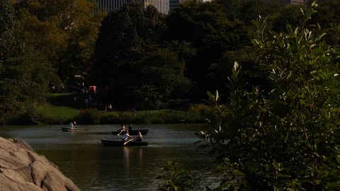 ZOOMING OUT of people rowing boats within the lake of Central Park in NYC. Stock Footage 115012553