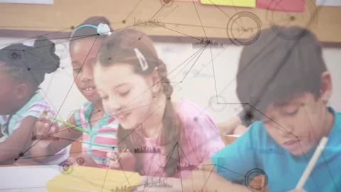 Zooming out revealing two students writing expanding to five group in classroom Video stock 312466880