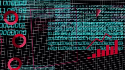Zooming right, magenta bar chart rising and pie rotating while binary scrolling Stock Footage 335739859