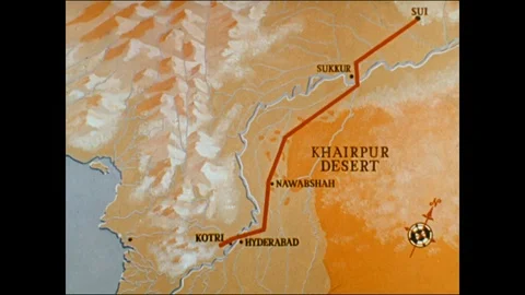 Zooming in shot of red trail on drawn map from city to city, 1959, Pakistan Stock Footage 130670326