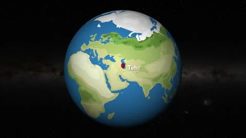Zooming in on the world map and pinpointing Tehran, Iran with red location .. Stock Footage 333943438