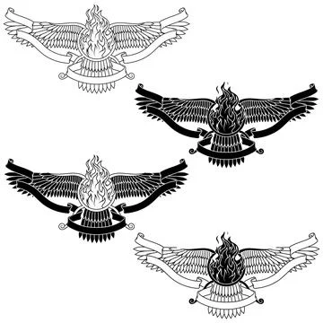 Zoroastrian winged solar disk with fire and ribbon Stock Illustration