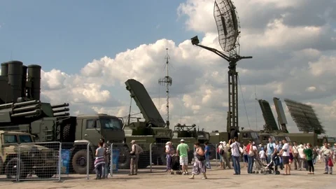 ZRPK Shell-C1 (Greyhound) S-400 Triumph (Growler) and radars  in parking lot. Stock Footage 116232820