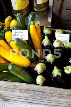 Zucchini And Egg Plants In Shop, Stockholm, Sweden