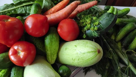 Zucchini, cucumbers, tomatoes, carrots, horseradish, dill, currant Stock Footage
