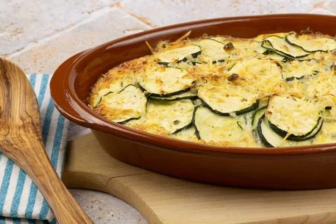 Zucchini gratin, close-up, on a table Stock Photos