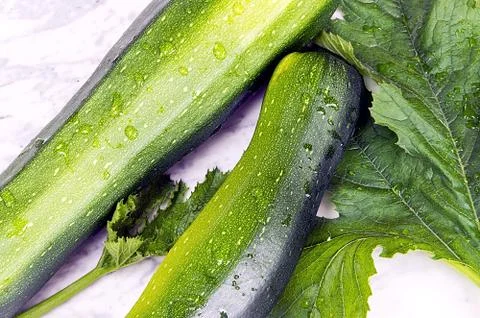 Zucchini with leaves on a marble table Stock Photos