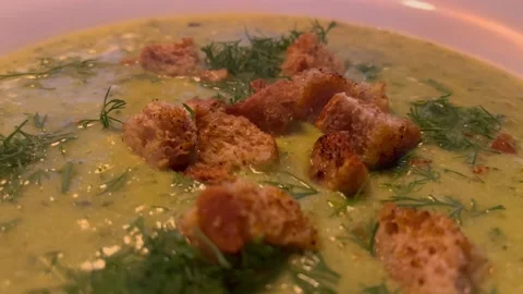Zucchini Leek Soup With Fresh Dill And Croutons Steaming Hot Food Dinner Stock Footage 219831780