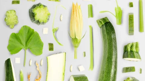 Zucchini Slice and Leaf Collection Video stock 219997865