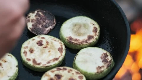 Zucchini Slices Cooking on Campfire Video stock 284672413
