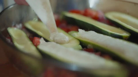 Zucchini stuffed with plant based seed cream Video stock 239962830