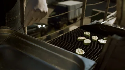 Zucchini veggie on grill being cooked. Vegetable zucchini grilled, 4k Stock Footage 97701738